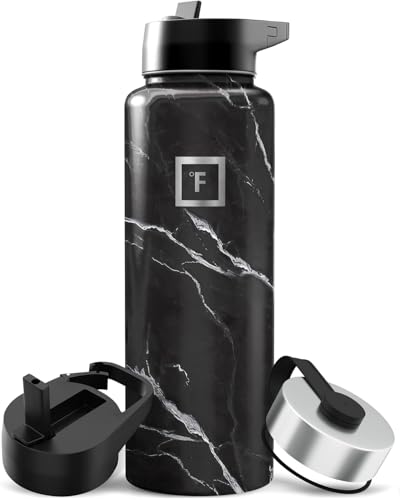Image of IRON FLASK 40 oz Wide Mouth Water Bottle with 3 Lids | Insulated Stainless Steel Sports Water Bottle with 3 Leakproof Lids - BPA Free, Cold 24 Hrs, Sweat Free (Black Marquina)