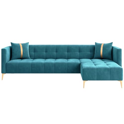 Image of FURNY Styliving 6 Seater Fabric RHS L Shape Sofa Set (Aqua Blue) with Golden Finish Legs | Durable & Comfortable | Ideal for Living Room