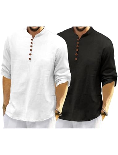 Image of Macsivo Men's Cotton Blend Kurta with Solid Band Collar Full Sleeve Button Closure Regular Fit Curved Hem Length | Kurta for Man | Combo Pack of 2
