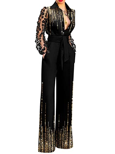 ORANDESIGNE Monopezzi e Tutine da Donna Tuta Lunga Jumpsuit Elegante Abito Cerimonia Tuta Jumpsuit Manica Lunga Casual Patchwork Stampa Pagliaccetti Pantaloni a Gamba Larga A Oro L