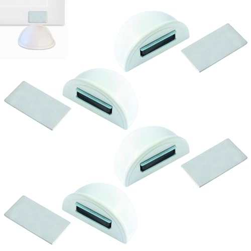 Topes para puertas suelo con iman 4 unds blanco - Tope puerta magnetico adhesivo, no requiere taladro de acero inox y plastico- Sujeta puertas suelo protege paredes (Blanco 4 unds)