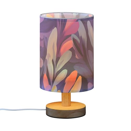 Elegant Long Purple Leaves Table Lamp with USB, Wood Base.Round Flaxen Shade