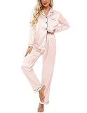 Ekouaer Women's Classic Button Down Long Satin Silk Pajama Set,Large,Pastel Pink