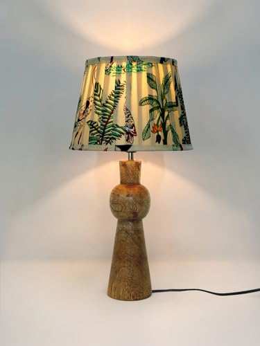 Image of Green Girgit Wooden Skirt Brown Table Lamp with Pleeted Multicolor Green Shade, Bedside Night Lamp with Printed Shade, Modern LED Lighting, E27 Bulb Compatible, Corded Electric, 6.5X9X18 inches