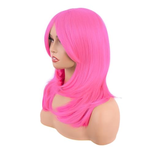 Image of MapofBeauty 20 Inch /50 cm Long Layered With Bangs Straight Synthetic fiber Shoulder Length Hair Party Wig (Neon Pink)