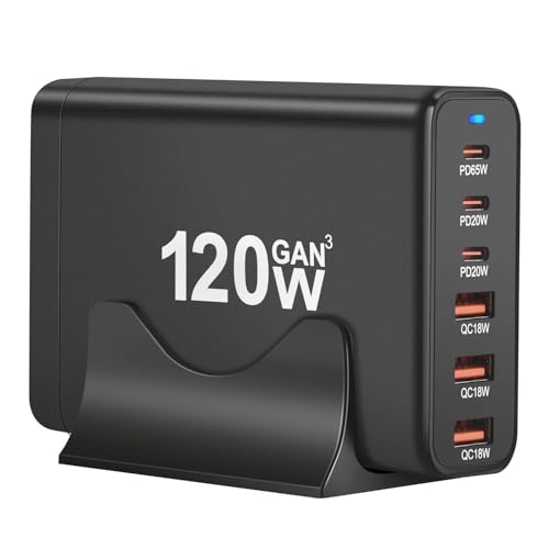 Image of Dawnrays 6-in-1 120W GaN Fast Charger - USB-C 2(20W) 1(65W) & 3 USB-A QC 18W Ports, PD 3.0, Compact Multiport Charging Station for MacBook, iPhone 16, Android, iPad, Laptop & More