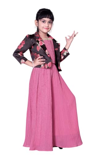Image of White Button Girls Lemon Yellow Indo Western Set | Floral Print & Sequin Work Haldi Special