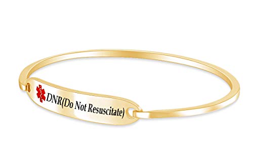 Engraved Dnr(Do Not Resuscitate) Medical Alert Id Bracelet Men Women Personalized 14K Yellow Gold Over Sterling Silver Bangle Beacelet 7.5 Inch #TOP1