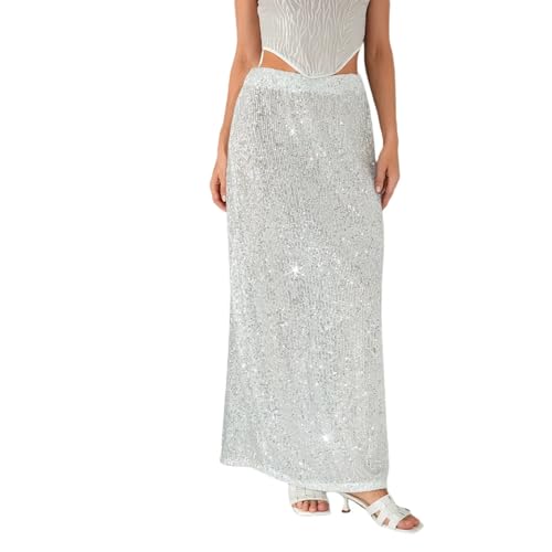 Autumn Solid Color Sequins Long Skirts Women Low Waist Party Skirts Casual Streetwear