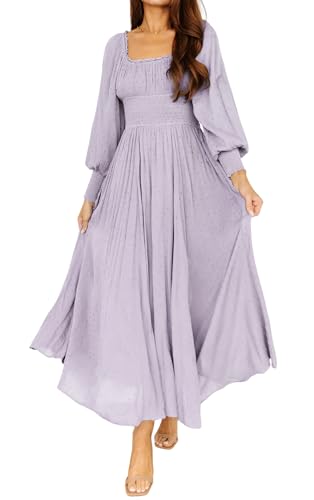 R.Vivimos Women's Puff Long Sleeve Maxi Dress Square Neck Elastic Empire Waist Swiss Dots Casual Flowy A-Line Long Dresses (Medium, Lightpurple)