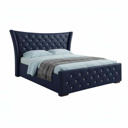 Image of Pearl Upholstered Queen Size Bed with Box Storage for Bedroom | Elegant Wooden Double Bed with Storage | Platform Cot Palang with Tufted Headboard | 6.5 x 5 Ft | Sheesham Wood | Navy