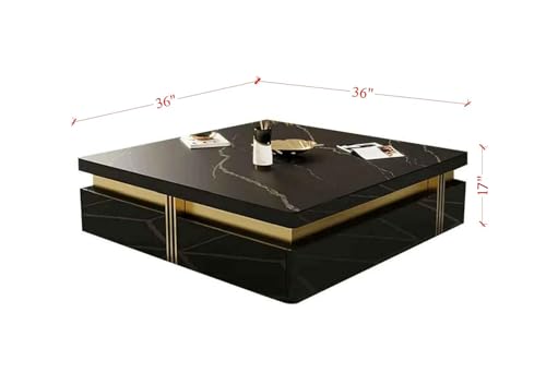 Image of Premium Marble-Top Wooden Center Table with Drawer for Living Room | Luxury Modern Coffee Table | Contemporary Design Craftsmanship - 36X36X17 Inch (Black)