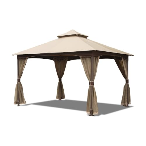 Premium Outdoor Gazebo with Dual-Roof Design, Privacy Curtains, Fine-Mesh Netting, Sturdy Powder-Coated Steel Frame for Patio or Backyard Use (10'X13' (Brown))