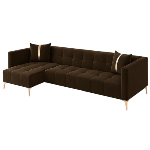 Image of FURNY Styliving 6 Seater Fabric LHS Sectional L Shape Sofa Set (Brown) with Golden Finish Legs | Durable & Comfortable | Ideal for Living Room
