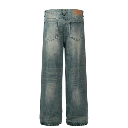 Jeans Pants Trousers Denim Trendy Street Washed Blue Retro Grinding Fading Loose Straight Leg for Men4