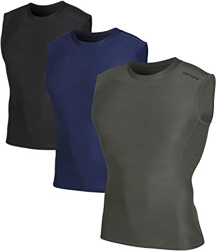 DEVOPS 3 Pack Men's Athletic Compression Shirts Sleeveless (X-Large, Black/Navy/Olive)