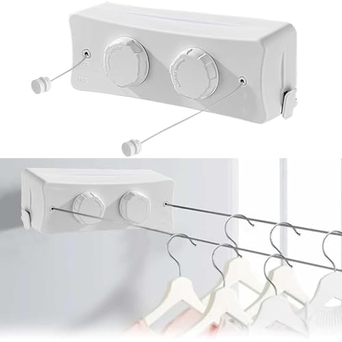 5.1M Stendibiancheria Retrattile da Parete,Corda da Bucato Riavvolgibile,Doppia linea invisibile in acciaio inox,con manopola, per balcone, lavanderia (bianco)