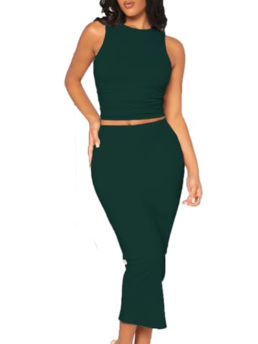 Image of Bdwinz Women's Casual 2 Piece Dress Round Neck Tank Top Bodycon Midi Skirt Dress Set
