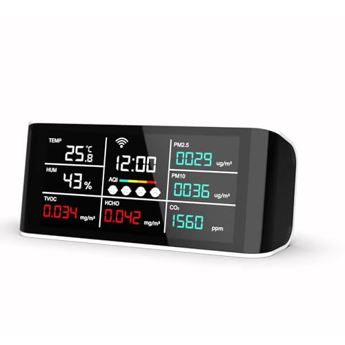 Image of amiciSense WIFI Air Quality Meter with Time Display & Data Export Feature-CO2 /PM2.5 /HCHO /Temperature /Humidity Sensor Compatible with SmartLife App