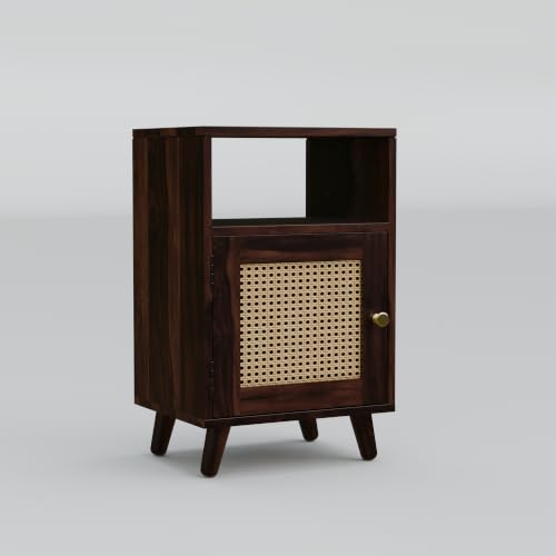 Image of Solid Sheesham Wood Bedside Table with Natural Cane Rattan Door & Open Shelf | Wooden Nightstand with Storage Cabinet | End Table for Bedroom (Walnut Finish)