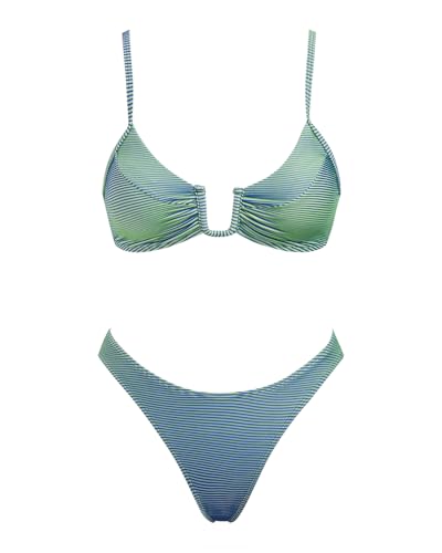 VOLAFA Women's Triangle Bikini Set Textured U Wire Push Up Solid Cheeky Two Piece Swimsuit Bathing Suit