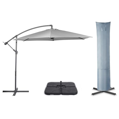 VonHaus Parasol with Base & Waterproof Cover 3M Cantilever Banana Umbrella for Outdoor Garden Patio Sunshade Canopy with Hand Crank Tilt & Rotate Function UV30+ Protection Air Vent Steel Frame