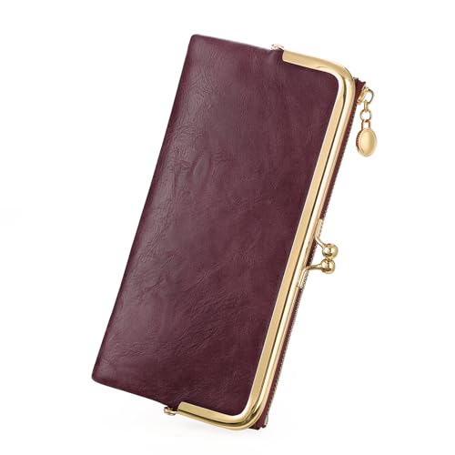Image of GOIACII Womens Wallet Kiss Lock Bifold Leather Wallets for Women Vine Red | Vintage Wallet for Women,Ladies Clutch Purse,Women's Card Holder Wallet with Zipper