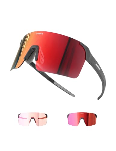 INBIKE Gafas Running Hombre Mujer Gafas Ciclismo de Sol Deportivas MTB Correr Polarizadas Superligeras Carretera Senderismo Montura Gris + Lentes Fotocromáticas Rojas Iridiscentes