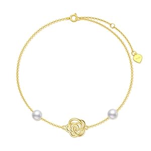 Solid 14K Gold Rose Anklet for Women, Real Gold Rose Flower Pearl Anklets Bracelets for Women Foot Jewelry Mothers Day Gift for Mom Her Wife, 8+1+1 Inch