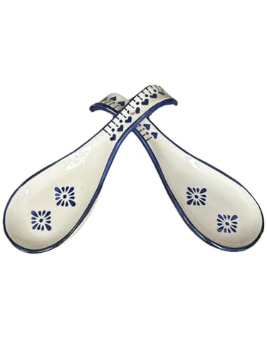 Image of Maya | Hand-Painted Ceramic Spoon Rest - Blue Floral Design, Large Cutlery Holder for Kitchen & Tableware, Pack of 2 (Blue)