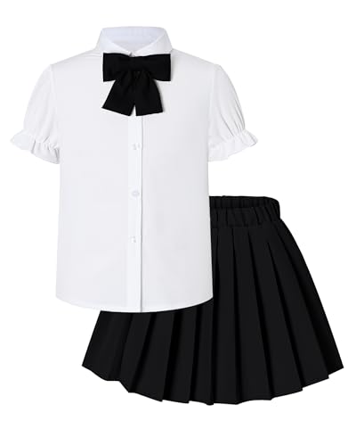 Image of Betusline Girls Skirt Set JK School Uniform 2-Piece Outfit - Short Sleeve Shirt with Bow & Pleated Skirt 4T-14Y