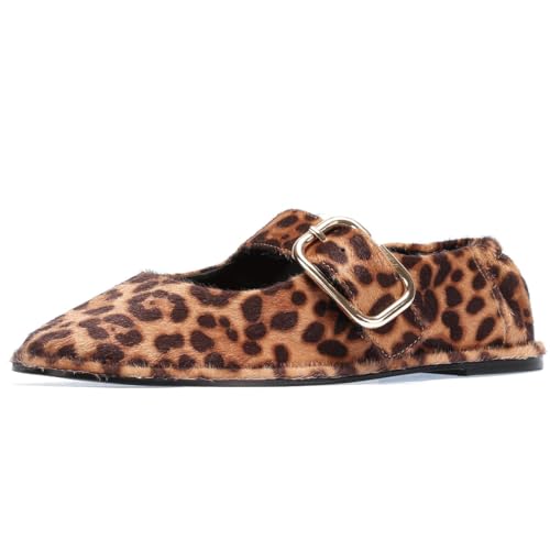 Ballet Flats Shoes for Women Slip On Mary Jane Leopard Print with Strap, Casual Daily Walking Comfort Flats