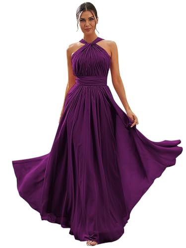 Halter Chiffon Bridesmaid Dresses for Women A Line Formal Gown Ruched Long Evening Dress with Pocket PS531