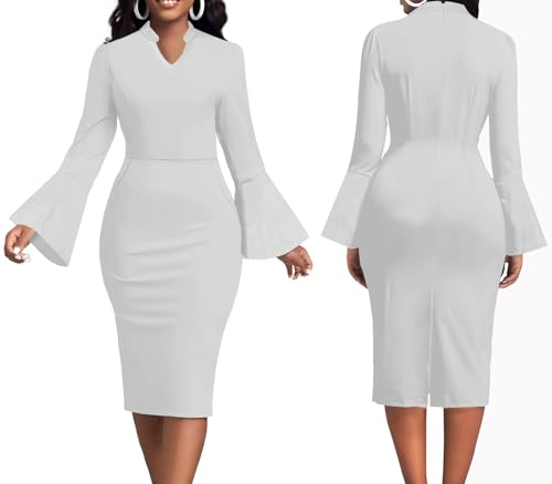 Church Dresses for Women Flare Sleeve V Neck Business Wear to Work Vintage Mid Pencil Formal Dress with Pocket3