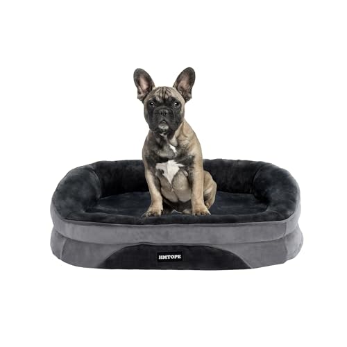 HMTOPE Orthopädisches Hundebett, Hundesofa, Vierseitiges Nackenrolle Kissen, rutschfeste Unterseite Hundekorb, Abnehmbar und Waschbar, Kleine Hunde, 71 x 53 x 14 cm, Dunkelgrau