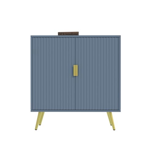 Image of Wooden Fluted Design Storage Cabinet with 2 Doors | Modern Sideboard Cabinet for Living Room, Bedroom & Entryway | Multipurpose Organizer Cupboard | HDMR Premium Wood | Gold Metal Legs (Aqua Blue)