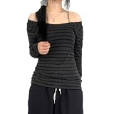 UJBVCX Y2K T-Shirt Épaules Dénudées Rayées à Manches Longues Gothique Grunge Emo Harajuku Streewear pour Femme