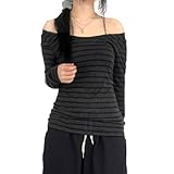 UJBVCX Damen Langarmshirt Gestreift Vintage Y2k Gothic Punk Harajuku Emo Grunge T-Shirts Ästhetisch Streetwear für Frauen