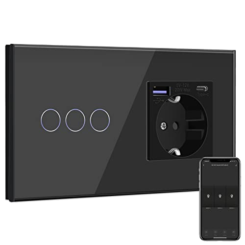 BSEED Smart Alexa Lichtschalter mit Steckdose Schuko Unterputz Steckdose mit USB C 20W Schnellladegerät USB Type C 3 Fach 1 Weg Wandsteckdose mit Glas Panel Geeignet für Phone,Pad,MP3 und mehr Schwarz