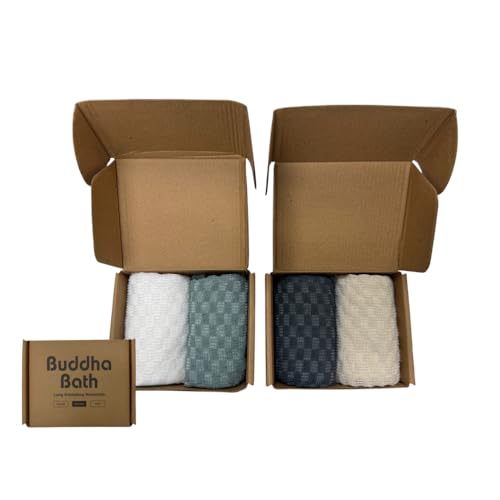 Extra Long Exfoliating Shower Towel Washcloth (Medium Exfoliate) - Dark Gray, Bone, Silver Blue, White - (4 Mix Count)