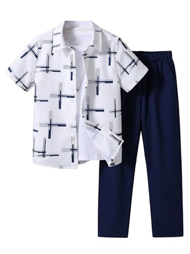Image of VIPWOLF Boy's 2 Piece Outfits Graphic Short Sleeve Button Down Shirt and Elastic Waist Jogger Pants