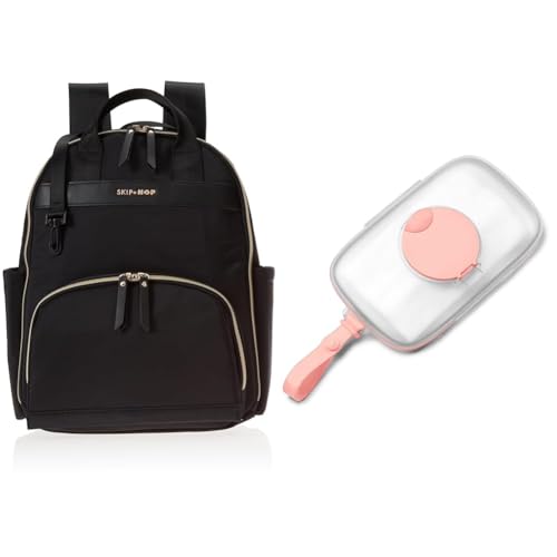 Skip Hop Diaper Bag Backpack: Enviluxe Multi-Function Baby Travel Bag with Changing Pad and Stroller Straps, Eco Friendly, Black On-The-Go Wipes Dispenser, Grab & Go, Blush Gift Set