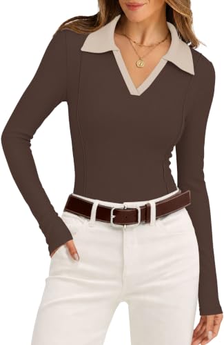 WIHOLL Women's Ribbed Long Sleeve Collared V-Neck Fitted Top (Various) - image 4