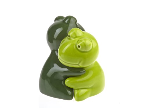 by-Bers grüner Frosch in Umarmung, auch als Kuh, Maus, Tiere, Salzstreuer, Salz- und Pfefferstreuer Set als Geschenk, aus Keramik