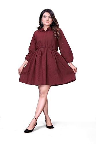 Image of Women's Cotton Self Design Chicken Work Midi Dress for Women | One Piece Dress for Women