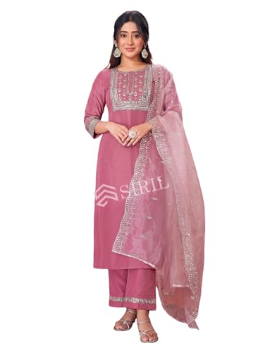 Image of SIRIL Women's Cotton Blend Sequence Embroidery Straight Kurta Pant with Dupatta Set