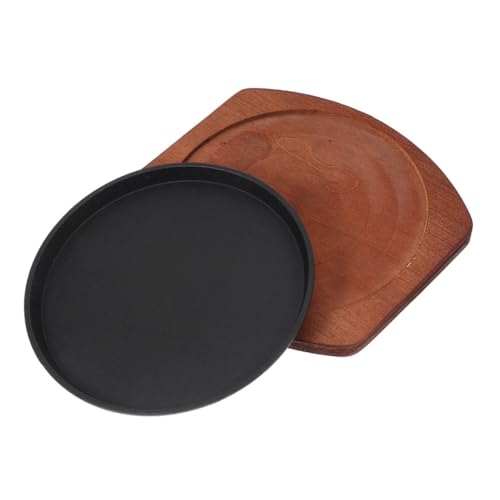 Cabilock Sartén Redonda para Barbacoa con Base de Madera Sartén Antiadherente Resistente Altas Temperaturas para Estufas y Reuniones Familiares Bandeja Versátil para Servir Carne y Cenas al