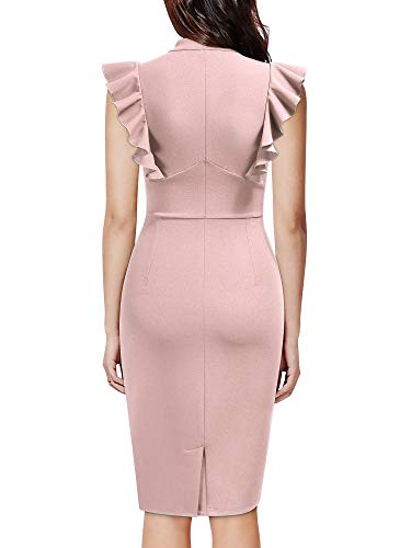 Image of Knitee Women's Vintage Ruffle Sleeve V-Neck Bodycon Evening Party Cocktail Pencil Sheath Dress