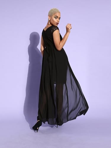Image of Miss Chase Women's Black Embellished Fit & Flare Maxi Dress