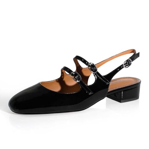 Image of anteikira Women's Round Toe Slingback Flats Closed Toe Double Strap Mary Jane Flats for Women 1 Inch Heel Dress Shoes Low Heel Causal Work Office Pumps for Women Size 5.5-12US